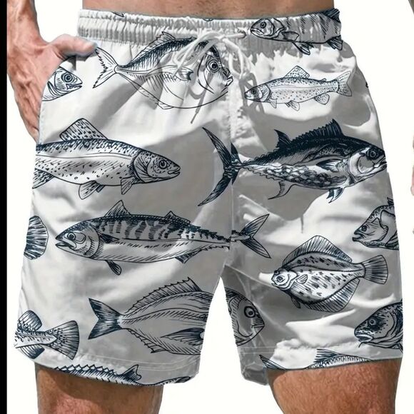 Men's Large Fish Print Swim Shorts Black and White - Picture 1 of 3